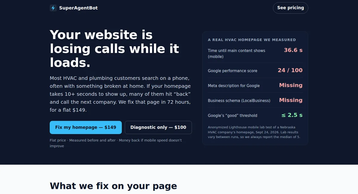 SuperAgentBot website: homepage fixes for HVAC and plumbing businesses